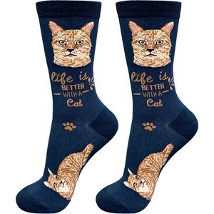 E&S PETS Orange Tabby Life Is Better Socks, Blue, one size