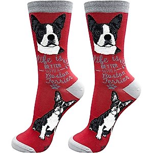 E&S PETS Boston Terrier Life Is Better Socks, Red, one size