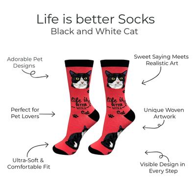 Show full view: E&S PETS Black & White Cat Life Is Better Socks, Red, one size slide 2 of 3