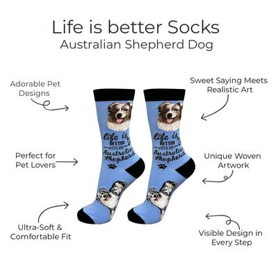 Show full view: E&S PETS Australian Shepherd Life Is Better Socks, Light Blue, one size slide 2 of 3