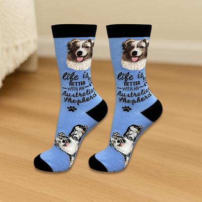 Show full view: E&S PETS Australian Shepherd Life Is Better Socks, Light Blue, one size slide 3 of 3