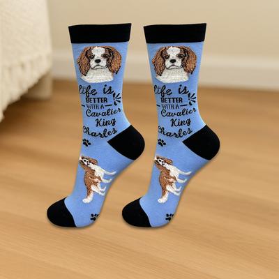 Show full view: E&S PETS Cavalier King Charles Life Is Better Socks, Light Blue, one size slide 3 of 3