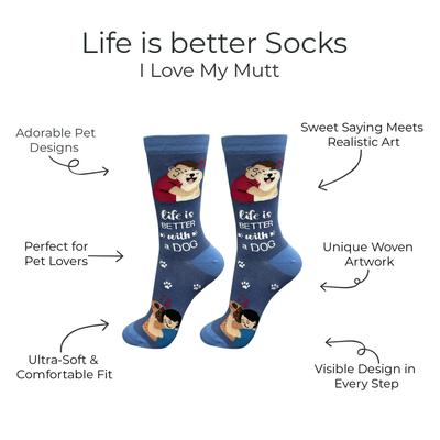 Show full view: E&S PETS Valentine's Day I Love My Mutt Life Is Better Socks, Blue, one size slide 2 of 3