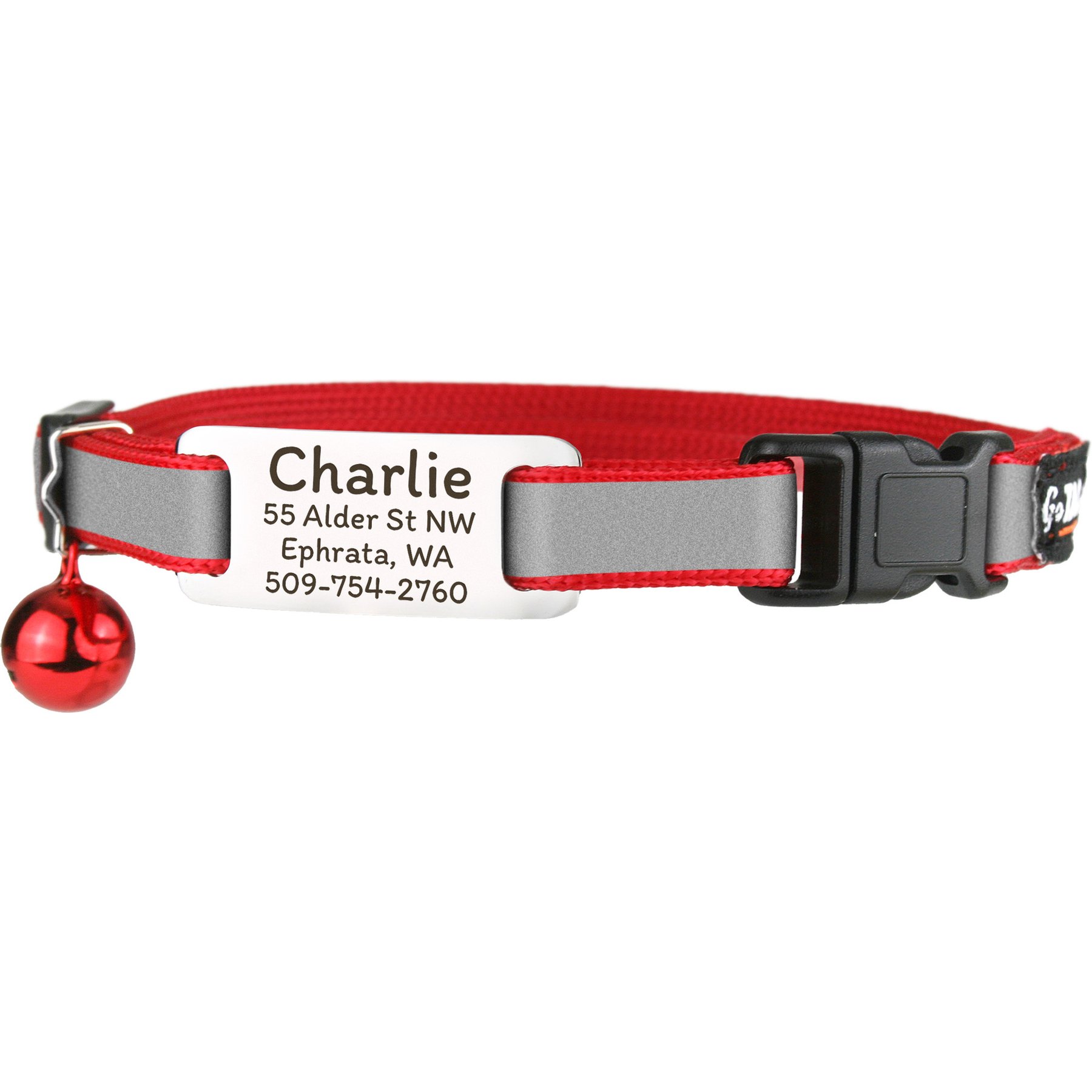 GoTags Nylon Personalized Reflective Tag with Bell Breakaway Cat Collar, Red