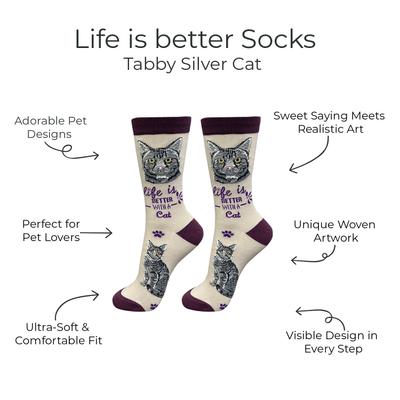 Show full view: E&S PETS Silver Tabby Life Is Better Socks, Grey, one size slide 2 of 3