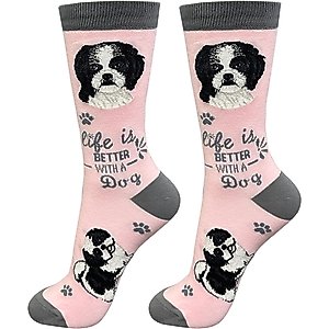 E&S PETS Shih Tzu Life Is Better Socks, Pink, one size