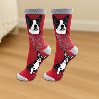 Show full view: E&S PETS Boston Terrier Life Is Better Socks, Red, one size slide 3 of 3