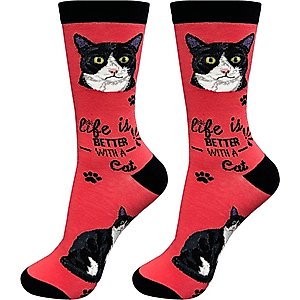 E&S PETS Black & White Cat Life Is Better Socks, Red, one size