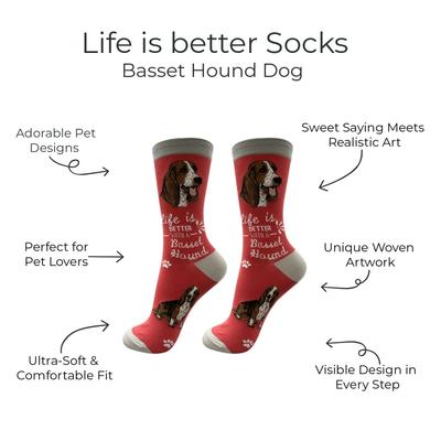 Show full view: E&S PETS Basset Hound Life Is Better Socks, Red, one size slide 2 of 3