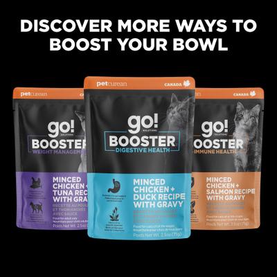 Show full view: Go! Solutions Booster Brain Health Minced Chicken & Salmon with Gravy Wet Cat Food, 2.5-oz pouch, 12 count slide 9 of 10