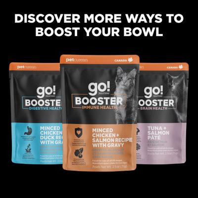 Show full view: Go! Solutions Booster Weight Management Shredded Chicken & Duck in Broth Wet Cat Food, 2.5-oz pouch, 12 count slide 9 of 10