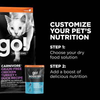 Show full view: Go! Solutions Booster Digestive Health Minced Chicken & Duck with Gravy Wet Cat Food, 2.5-oz pouch, 12 count slide 7 of 11