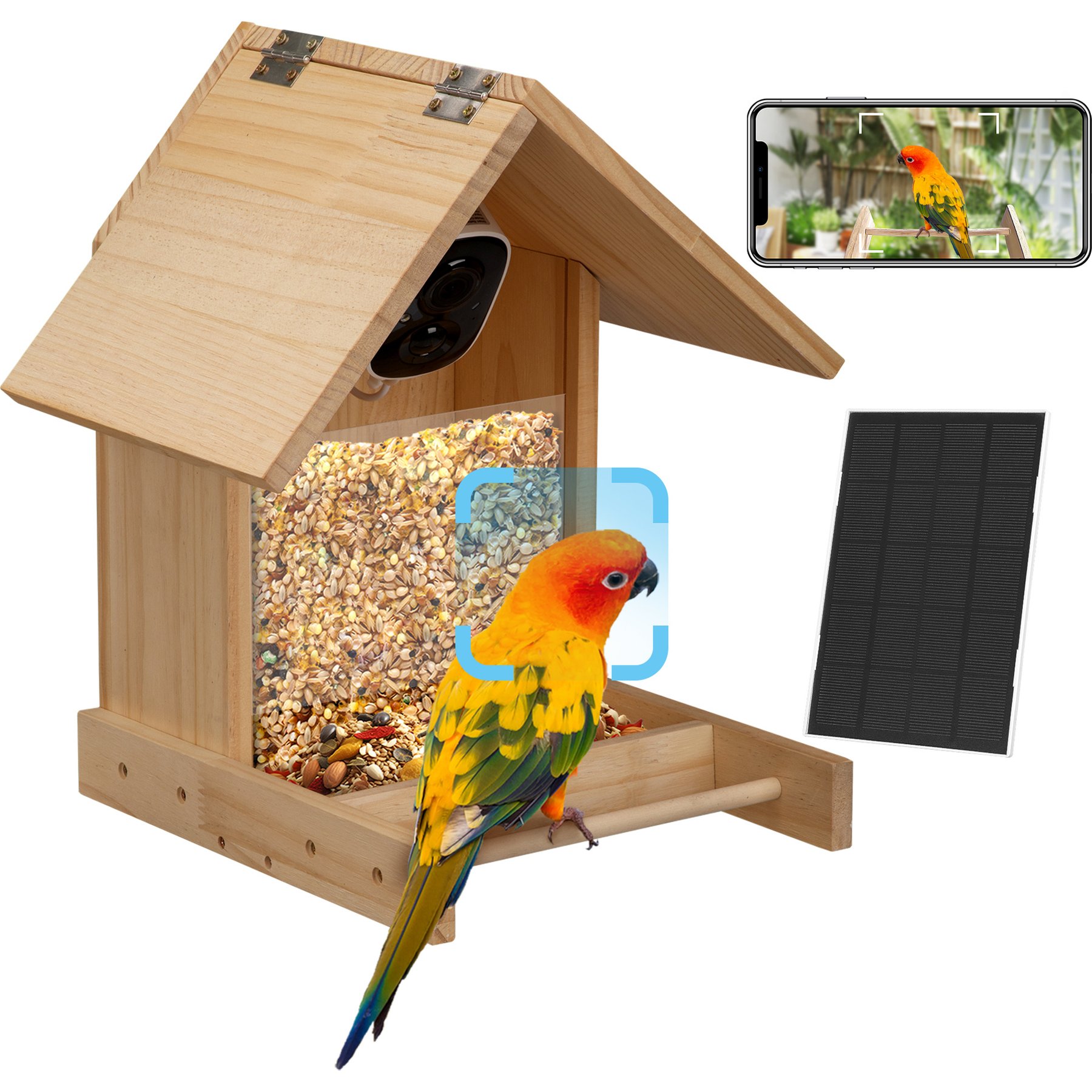 Coziwow Wild Bird Smart Feeder with Solar Powered Camera, Natural Wood, 2.5-L