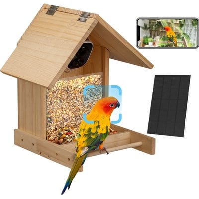 Coziwow Coziwow Wild Bird Smart Feeder with Solar Powered Camera, Natural Wood, 2.5-L