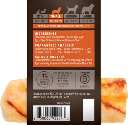 Show full view: Earth Animal No-Hide From the Grill Long Lasting Natural Rawhide Alternative Small Grilled Cheese Vegetarian Flavor Rolls Chew Dog Treats, 1 count slide 3 of 11