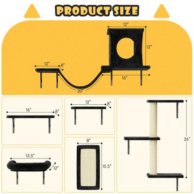 Show full view: KAMABOKO 6 Pieces Hammock Wall-Mounted Shelves Climber Set Cat Tree with Bed, Black slide 2 of 7