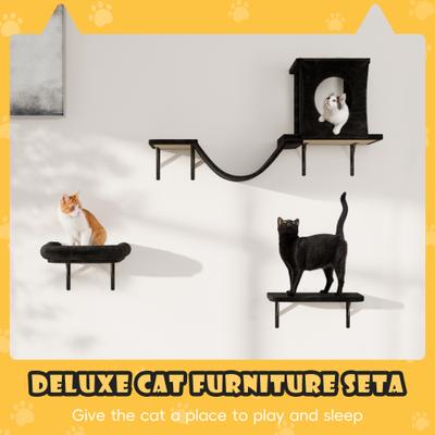 Show full view: KAMABOKO 6 Pieces Hammock Wall-Mounted Shelves Climber Set Cat Tree with Bed, Black slide 3 of 7