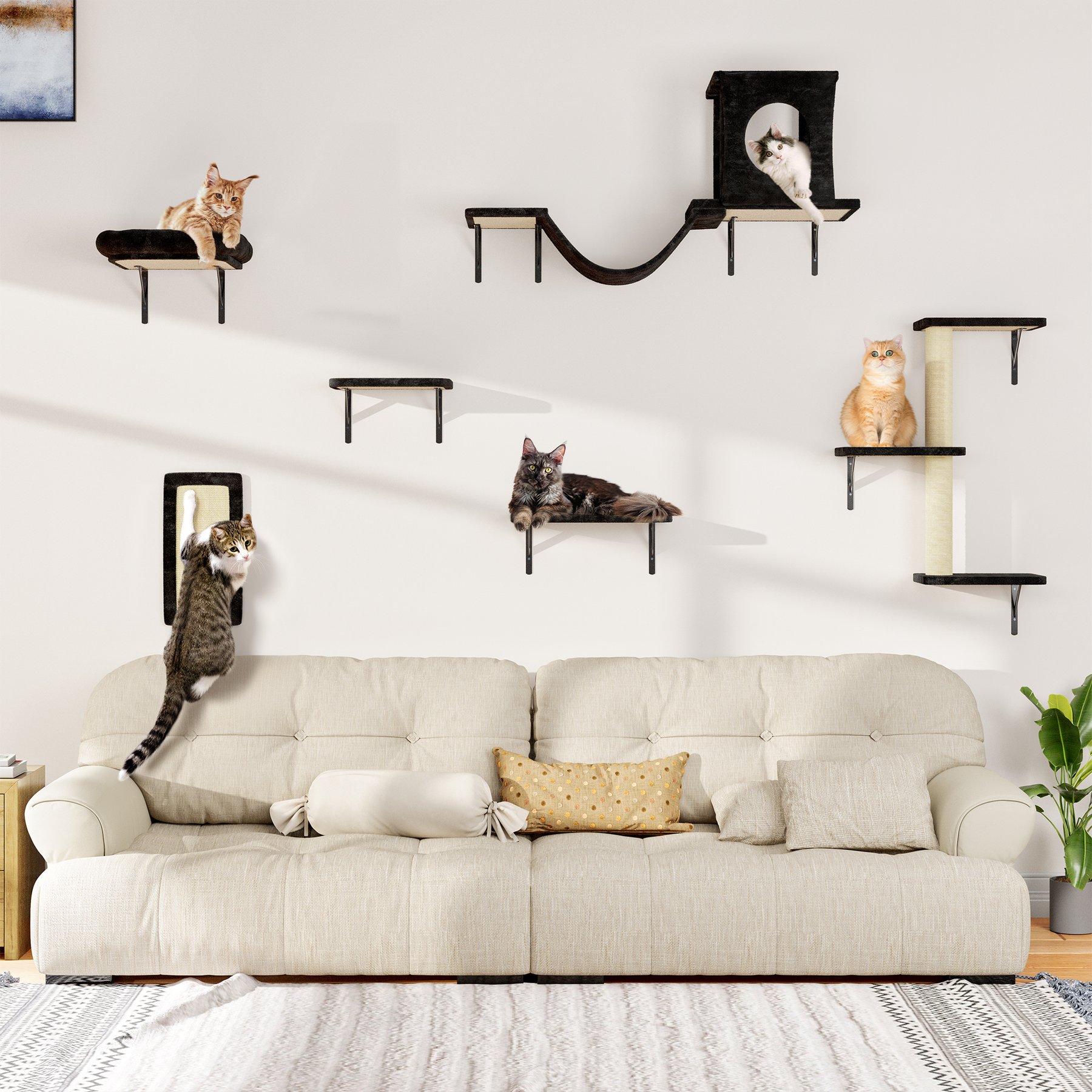KAMABOKO 6 Pieces Hammock Wall-Mounted Shelves Climber Set Cat Tree with Bed, Black