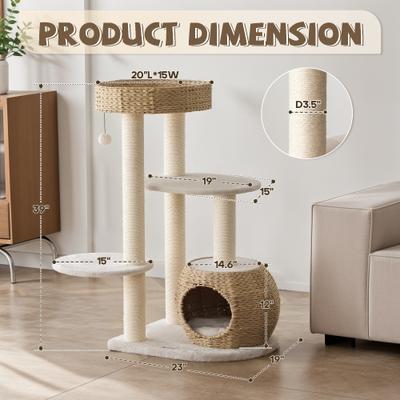 Show full view: KAMABOKO 39-in Indoor Natural Sisal Cat Tree with Scratching Posts, Hand-Woven Condo & Top Perch, Beige slide 7 of 8