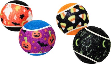 Frisco Halloween Fetch Squeaky Tennis Ball Dog Toy, Candy Corn & Pumpkins, Medium, 4 count