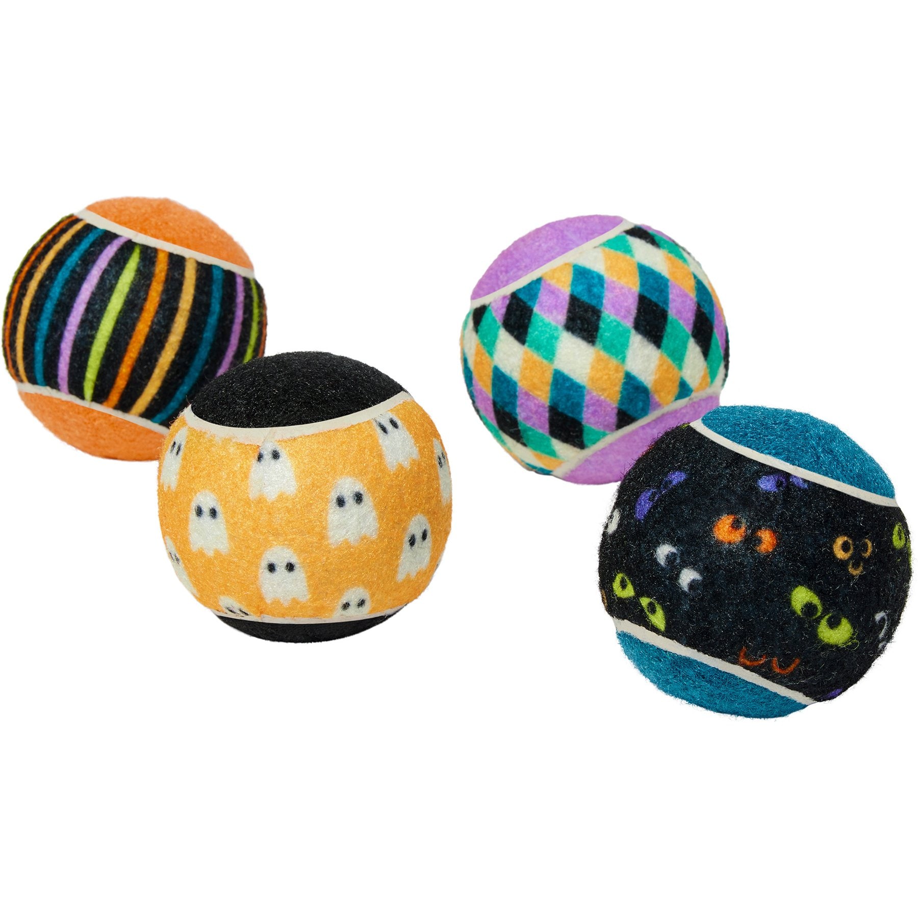 Frisco Halloween Fetch Squeaky Tennis Ball Dog Toy, Ghosts & Stripes, Medium, 4 count