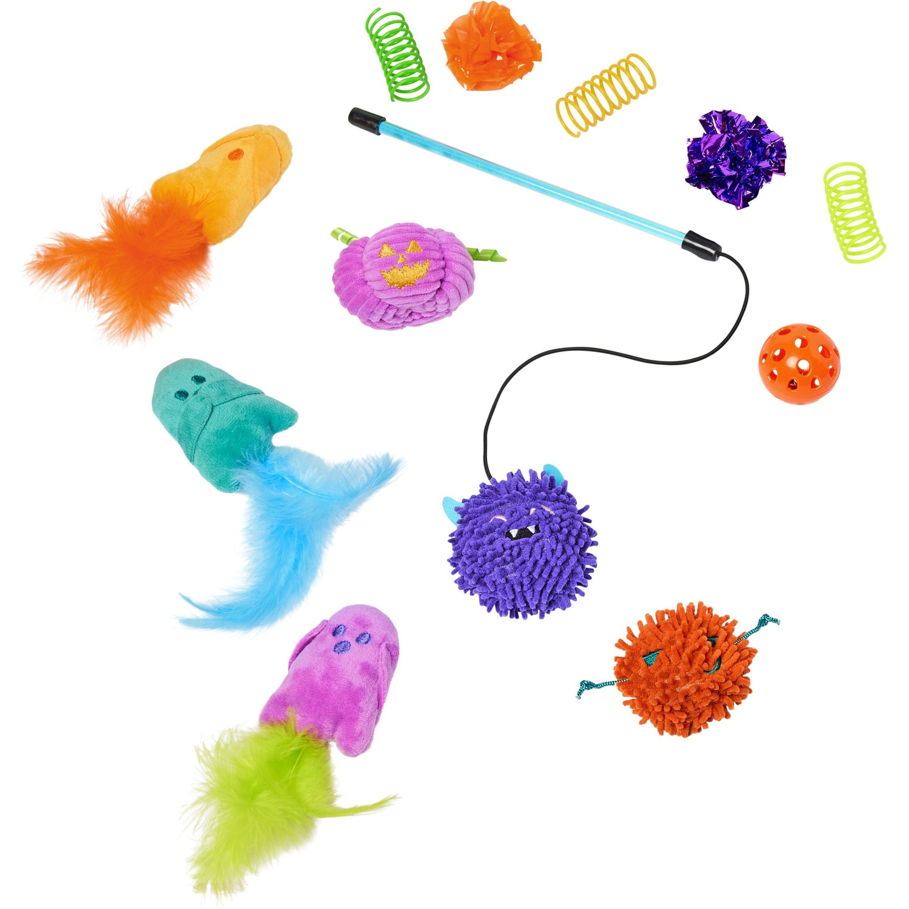 Frisco Halloween Vibrant Ghosts Plush, Teaser, Spring & Ball Variety Pack Cat Toy with Silvervine & Catnip, 12 count