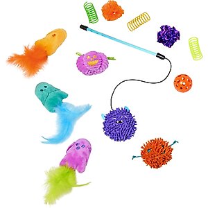 Frisco Halloween Vibrant Ghosts Plush, Teaser, Spring & Ball Variety Pack Cat Toy with Silvervine & Catnip, 12 count