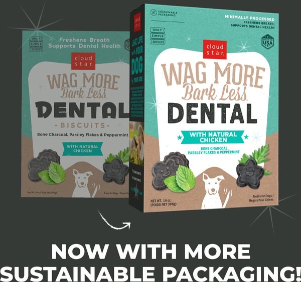 Cloud Star Wag More Bark Less Dental Chicken, Bone Charcoal, Parsley Peppermint Crunchy Dog Treats, 14-oz box