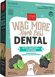 Cloud Star Wag More Bark Less Dental Chicken, Bone Charcoal, Parsley, Peppermint Crunchy Dog Treats, 14-oz box