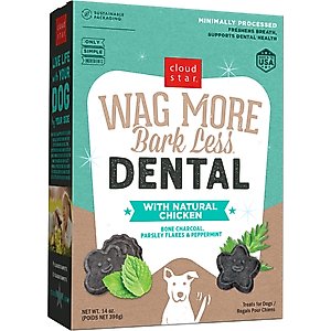 Cloud Star Wag More Bark Less Dental Chicken, Bone Charcoal, Parsley, Peppermint Crunchy Dog Treats, 14-oz box
