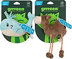 Grrreen Whale Kicker Plush Cat Toy with Catnip, Blue, Small + Camel Plush Cat Toy with Catnip, Brown, Small