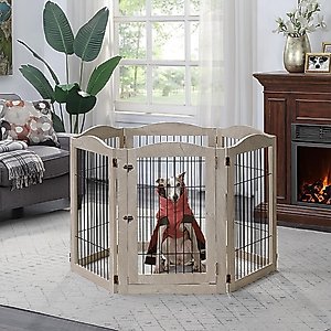 Unipaws 6 Panel Wire Dog Playpen Freestanding Pet Gate, Wood, Medium