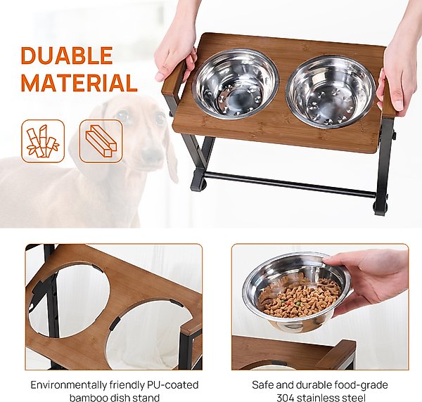 Show full view: RYPetmia Waterproof Bamboo Tray Stainless Steel Elevated Dog & Cat Bowl with Stand, Brown, Small slide 9 of 10