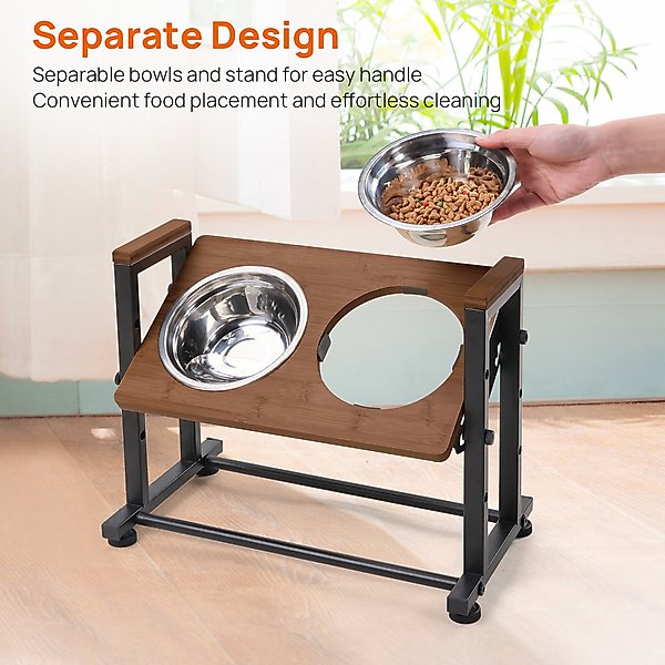 Show full view: RYPetmia Waterproof Bamboo Tray Stainless Steel Elevated Dog & Cat Bowl with Stand, Brown, Small slide 8 of 10