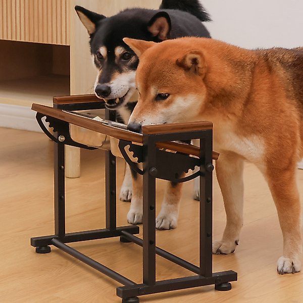 Show full view: RYPetmia Waterproof Bamboo Tray Stainless Steel Elevated Dog & Cat Bowl with Stand, Brown, Small slide 2 of 10