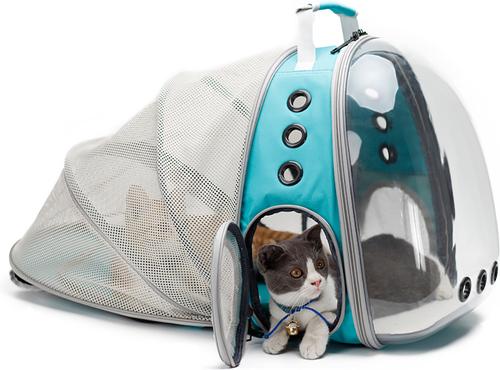 Show full view: Halinfer Hard-Sided Space Capsule Astronaut Clear Bubble Window Airline-Approved Cat Backpack Carrier with Back Extension, 16.5 x 15 x 13-in, Green slide 3 of 6