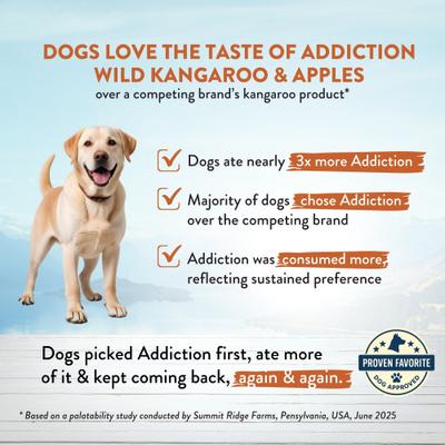 Show full view: Addiction Grain-Free Wild Kangaroo & Apples Limited Ingredient Allergy-Friendly Dry Dog Food, 4-lb bag slide 5 of 11