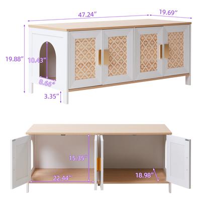 Show full view: RYPetmia Elegant Multi-Functional Litter Box Enclosure, Bed & Window Perch Wood Cat Cabinet, White, Double slide 8 of 9
