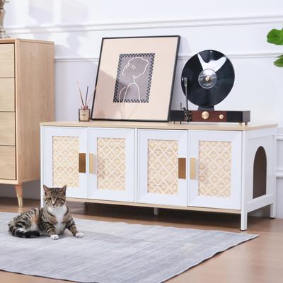 Show full view: RYPetmia Elegant Multi-Functional Litter Box Enclosure, Bed & Window Perch Wood Cat Cabinet, White, Double slide 9 of 9