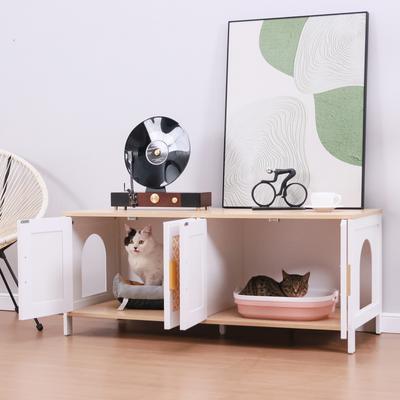 Show full view: RYPetmia Elegant Multi-Functional Litter Box Enclosure, Bed & Window Perch Wood Cat Cabinet, White, Double slide 7 of 9