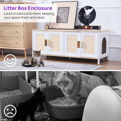 Show full view: RYPetmia Elegant Multi-Functional Litter Box Enclosure, Bed & Window Perch Wood Cat Cabinet, White, Double slide 3 of 9