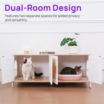 Show full view: RYPetmia Elegant Multi-Functional Litter Box Enclosure, Bed & Window Perch Wood Cat Cabinet, White, Double slide 6 of 9