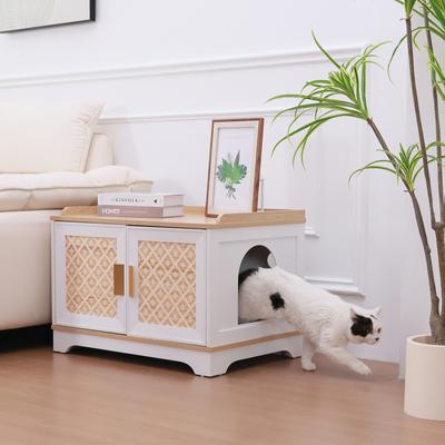 Show full view: RYPetmia Elegant Multi-Functional Litter Box Enclosure, Bed & Window Perch Wood Cat Cabinet, White, Single slide 9 of 9