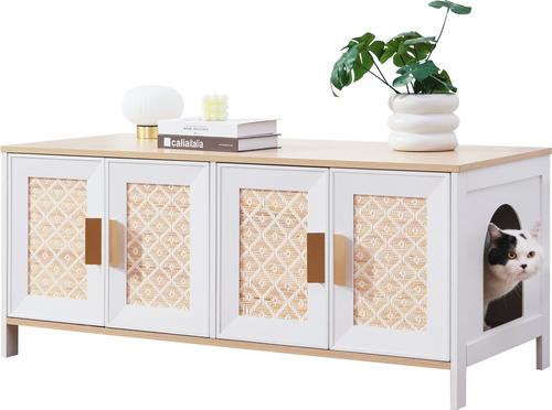 Show full view: RYPetmia Elegant Multi-Functional Litter Box Enclosure, Bed & Window Perch Wood Cat Cabinet, White, Double slide 2 of 9