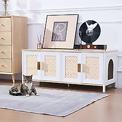 RYPetmia Elegant Multi-Functional Litter Box Enclosure, Bed & Window Perch Wood Cat Cabinet, White, Double