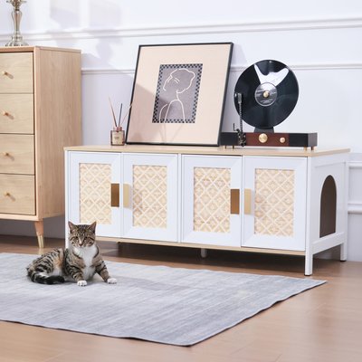 RYPetmia RYPetmia Elegant Multi-Functional Litter Box Enclosure, Bed & Window Perch Wood Cat Cabinet, White, Double