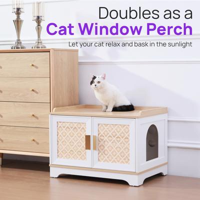 Show full view: RYPetmia Elegant Multi-Functional Litter Box Enclosure, Bed & Window Perch Wood Cat Cabinet, White, Single slide 7 of 9