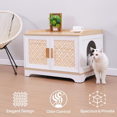 Show full view: RYPetmia Elegant Multi-Functional Litter Box Enclosure, Bed & Window Perch Wood Cat Cabinet, White, Single slide 6 of 9
