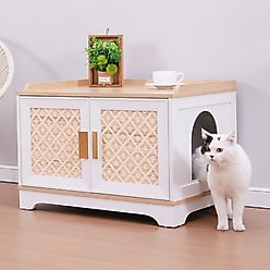 RYPetmia Elegant Multi-Functional Litter Box Enclosure, Bed & Window Perch Wood Cat Cabinet, White, Single