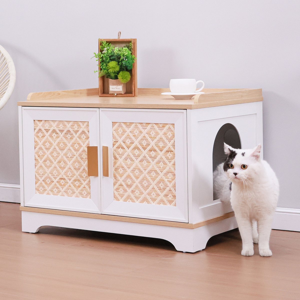 RYPetmia Elegant Multi-Functional Litter Box Enclosure, Bed & Window Perch Wood Cat Cabinet, White, Single